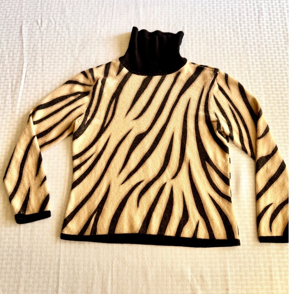 Talbots Petites Zebra Print Cashmere Silk Turtleneck Sweater Tan Black Large P